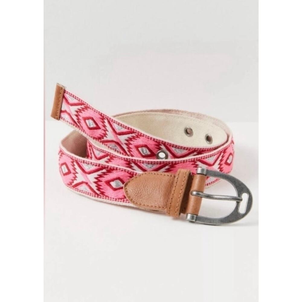 Free People Moving To Mars Cotton Leather Aztec Print Belt Pink White Size S/M